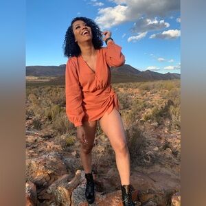 F21 Rust long sleeve shorts jumpsuit